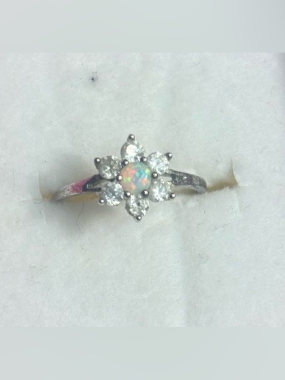 Opal and Cubic Zirconia Flower Ring in White Metal - Opal Pink Accent